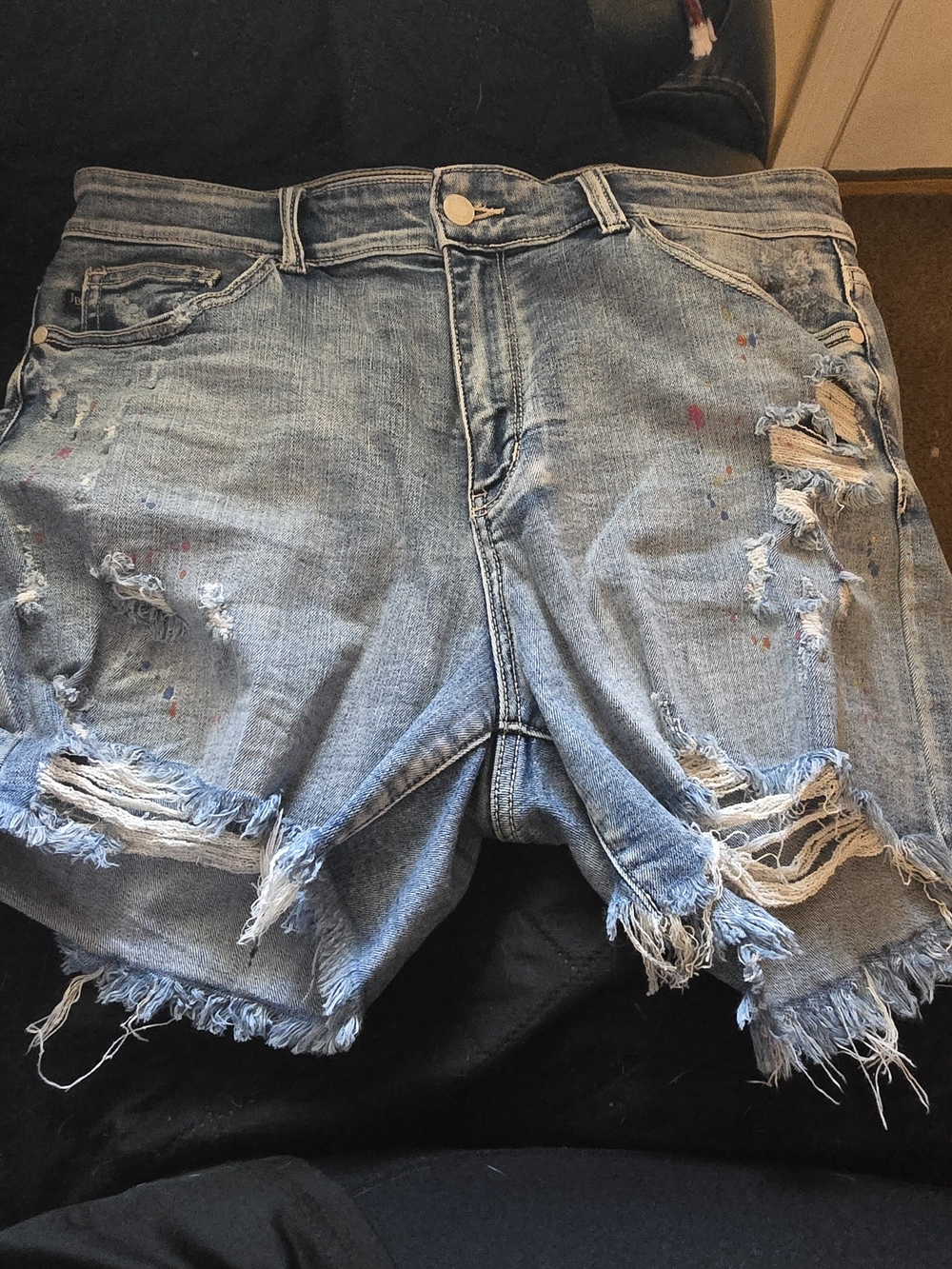 Judy Blue Light Blue Distressed Denim Jean Shorts with Paint Splatters